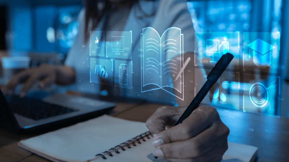 Woman at laptop with publishing icons