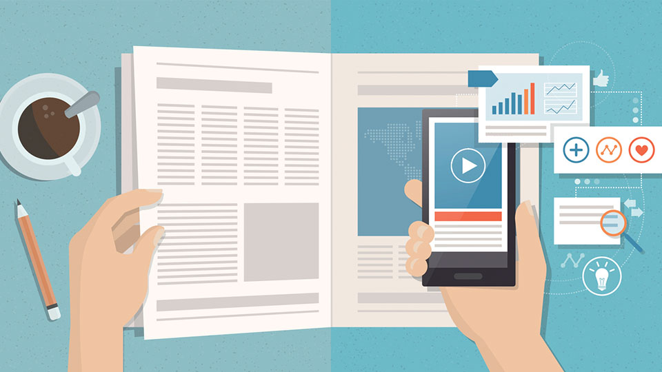 Illustrierte Darstellung eines wissenschaftlichen Magazins mit Smartphone und verschiedenen wissenschaftlichen Symbolen