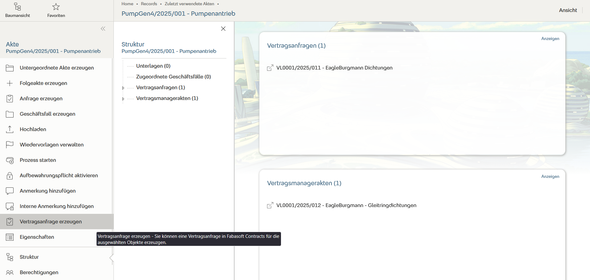 Vertragsanfrage erzeugen im Technischen Aktenmanagement