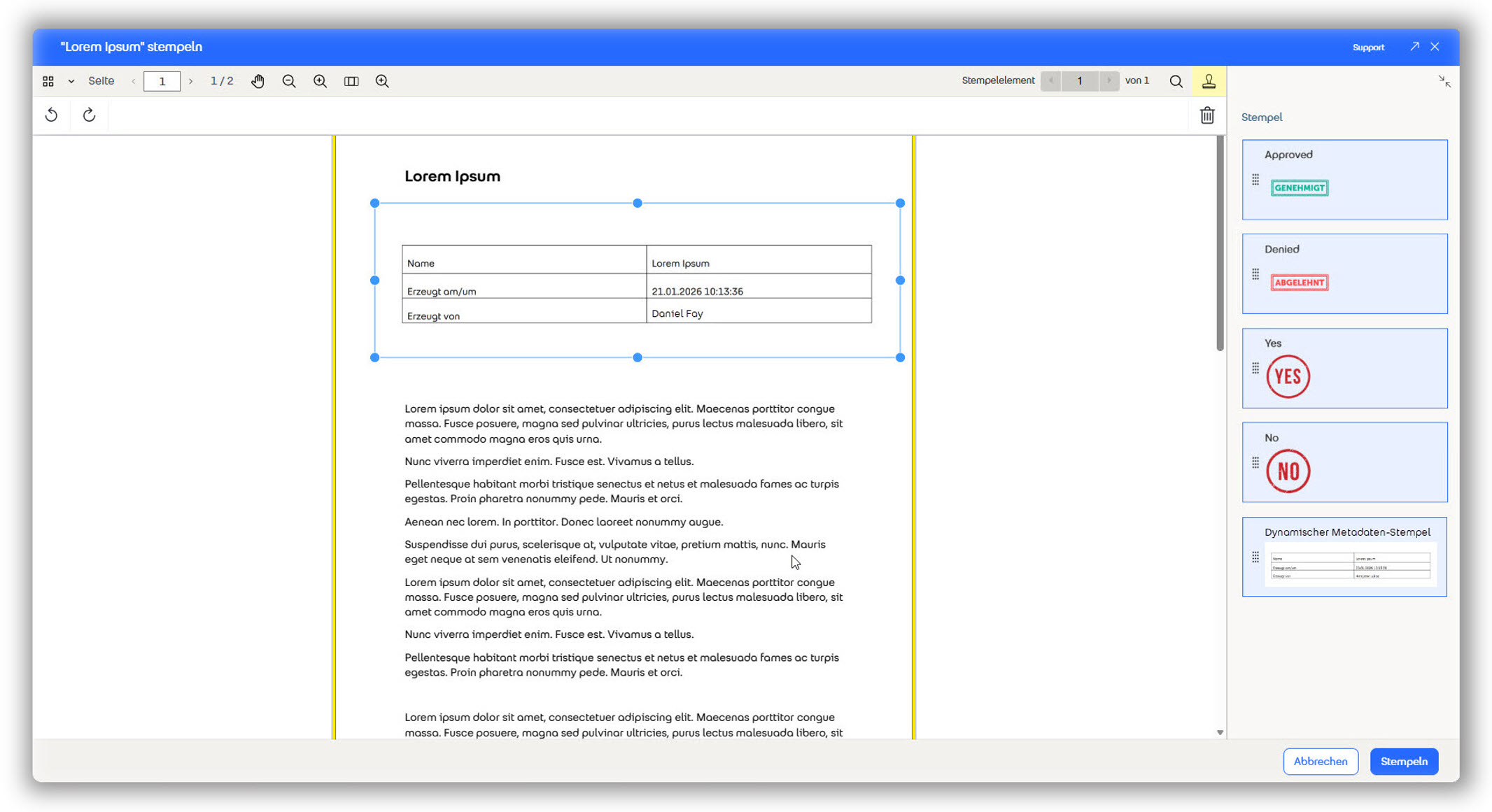 Dynamischer Metadatenstempel, der automatisch mit Informationen befüllt wird.