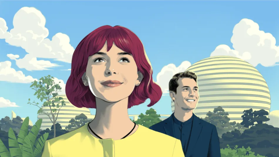 Illustration of a woman with burgundy hair and a man in front of futuristic buildings and lush greenery under a blue sky.