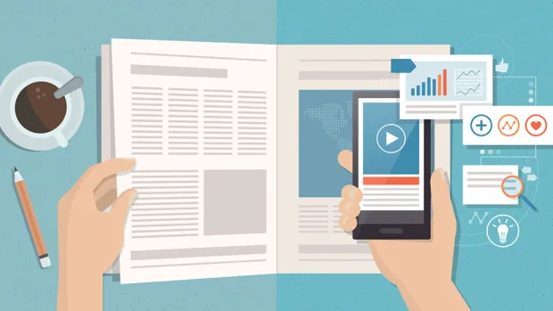 Illustrated representation of a scientific magazine with smartphone and various scientific symbols
