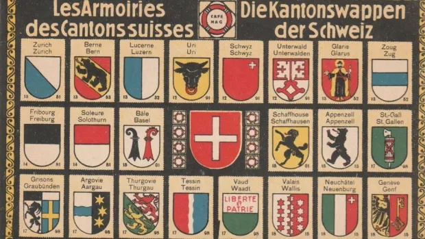 Alte Postkarte mit Kantonswappen der Schweiz