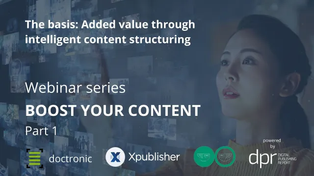 Cover image for the first webinar in the Boost your Content series. In the background is a woman tapping her fingers on a virtual dashboard
