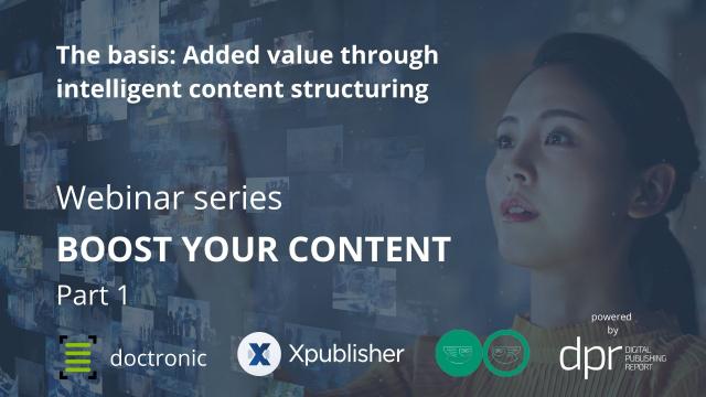 Cover image for the first webinar in the Boost your Content series. In the background is a woman tapping her fingers on a virtual dashboard