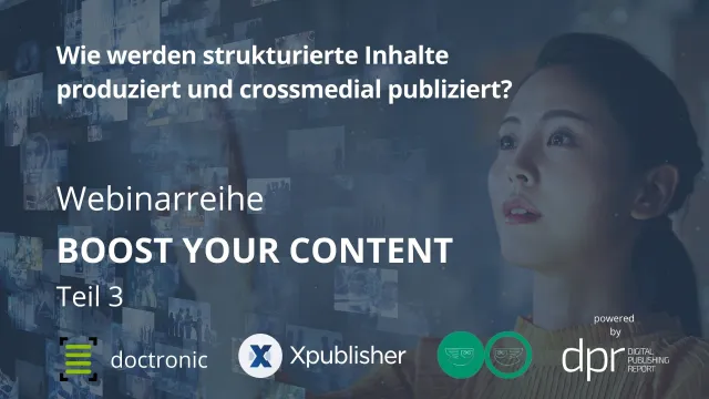 Titelbild für das dritte Webinar der Boost your Content Reihe. Im Hintergrund ist eine Frau zu sehen, die mit den Fingern auf ein virtuelles Dashboard tippt