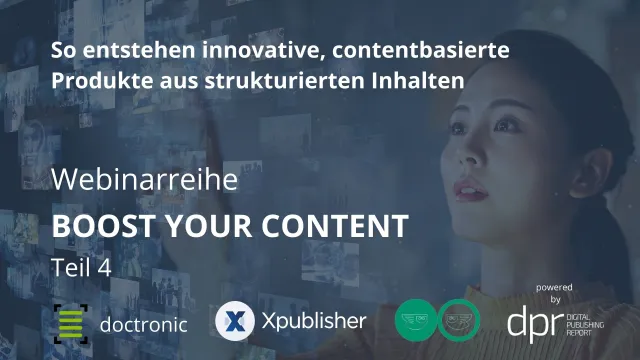 Titelbild für das vierte Webinar der Boost your Content Reihe. Im Hintergrund ist eine Frau zu sehen, die mit den Fingern auf ein virtuelles Dashboard tippt