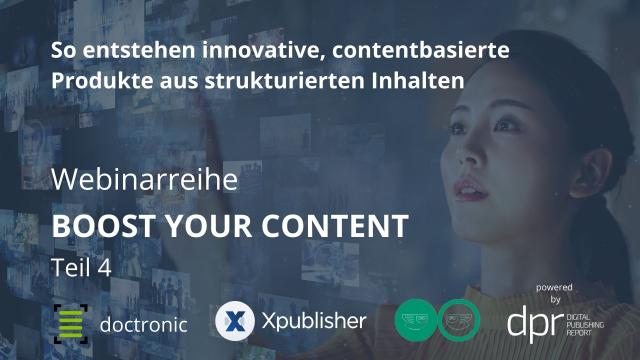 Titelbild für das vierte Webinar der Boost your Content Reihe. Im Hintergrund ist eine Frau zu sehen, die mit den Fingern auf ein virtuelles Dashboard tippt