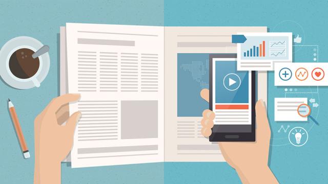 Illustrierte Darstellung eines wissenschaftlichen Magazins mit Smartphone und verschiedenen wissenschaftlichen Symbolen