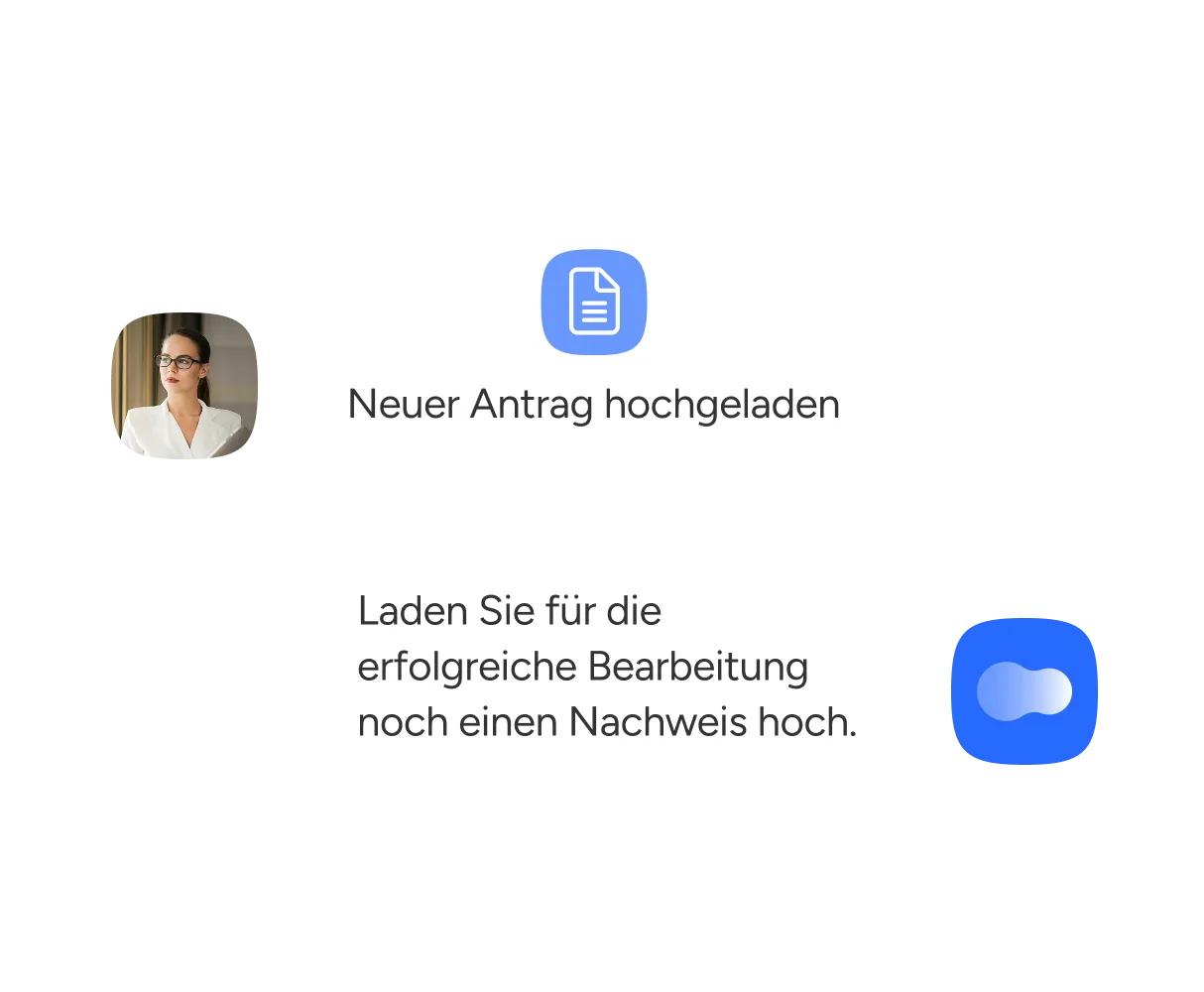 Eine reduzierte Grafik, die einen digitalen Kommunikationsprozess zeigt: Links oben ist das Porträt einer Frau zu sehen, daneben ein blaues Dokumenten-Icon mit dem Text „Neuer Antrag hochgeladen“. Darunter erscheint die Systemnachfrage „Laden Sie für die erfolgreiche Bearbeitung noch einen Nachweis hoch“, ergänzt durch einen blauen Button rechts unten. Die Darstellung illustriert eine automatisierte Benutzerführung bei der Antragsstellung.