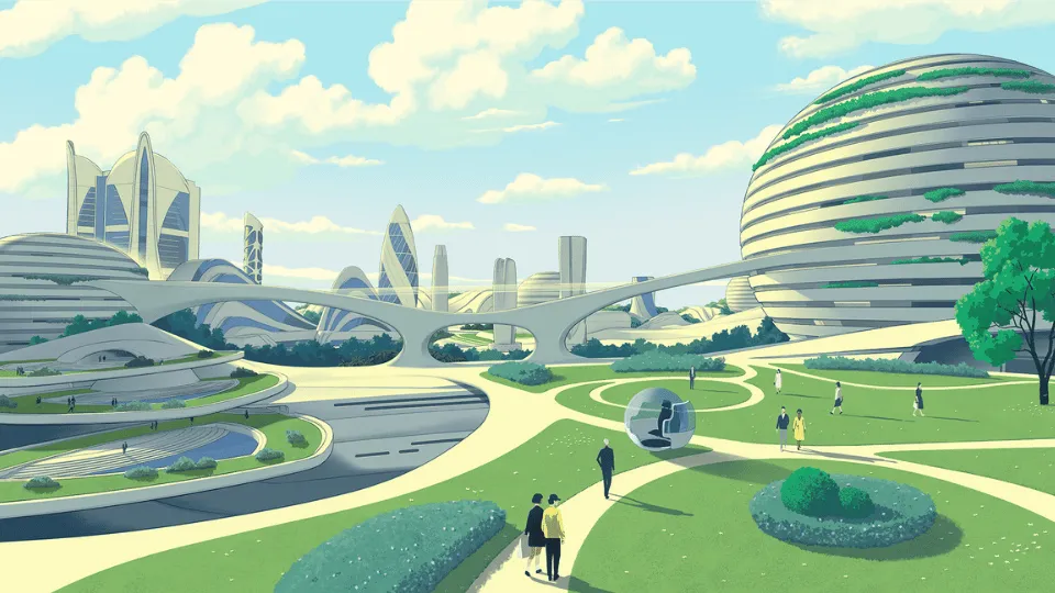 Illustration of a futuristic, green city with innovative architecture, elevated walkways and people in a spacious park.