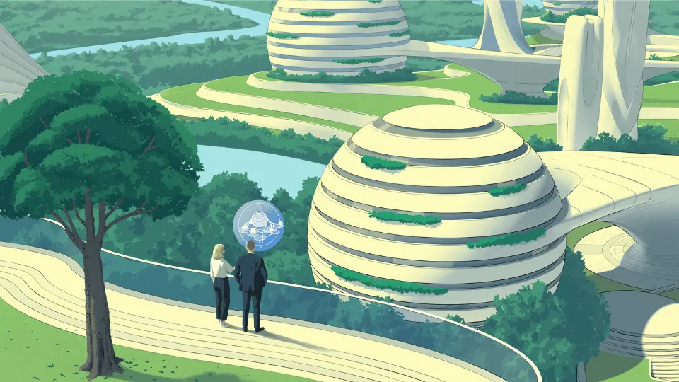 Illustration of two people overlooking a futuristic European city surrounded by lush greenery and water.